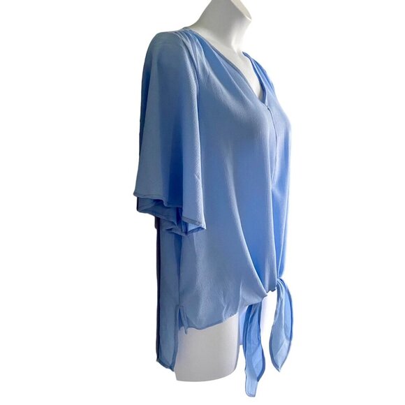 NY Collection Women's Elbow Sleeve V Neck Tie Front Blue Top Large NEW NWT - Picture 4 of 11